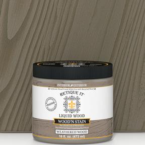 Retique It Liquid Wood Wood'n Stain in Weathered Wood, 16 oz, showing the stain applied to wood surface with weathered finish.