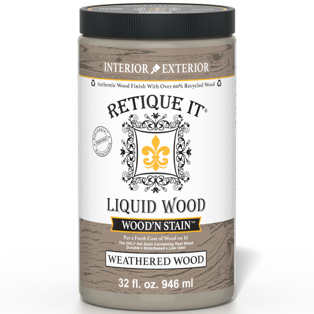Retique It Liquid Wood Wood'n Stain in Weathered Wood, 32 oz, showcasing a natural wood stain with weathered finish.