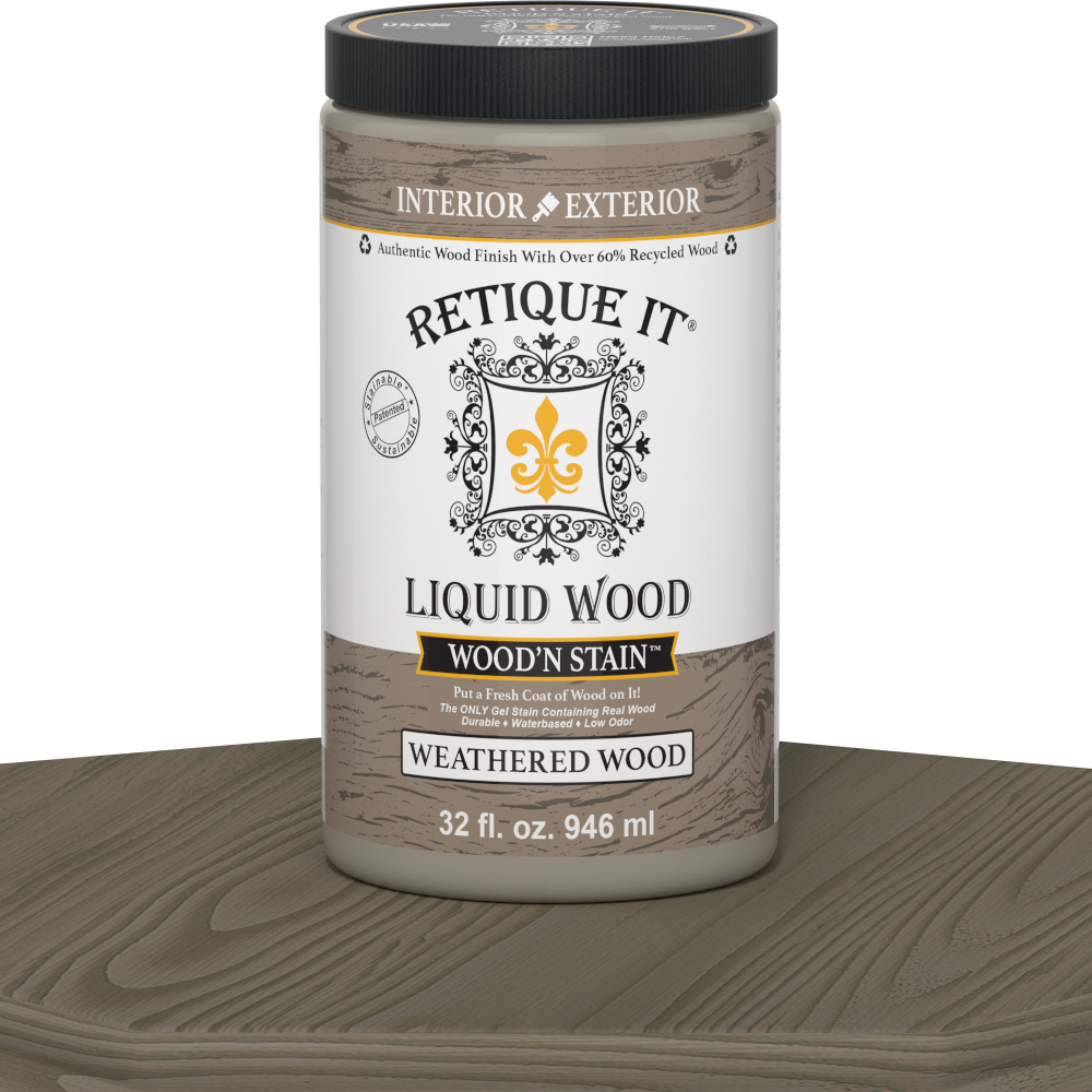 Retique It Liquid Wood Wood'n Stain in 32 oz Weathered Wood finish, showing a close-up of the stained wood surface.