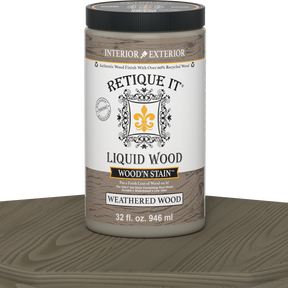 Retique It Liquid Wood Wood'n Stain in 32 oz Weathered Wood finish, showing a close-up of the stained wood surface.