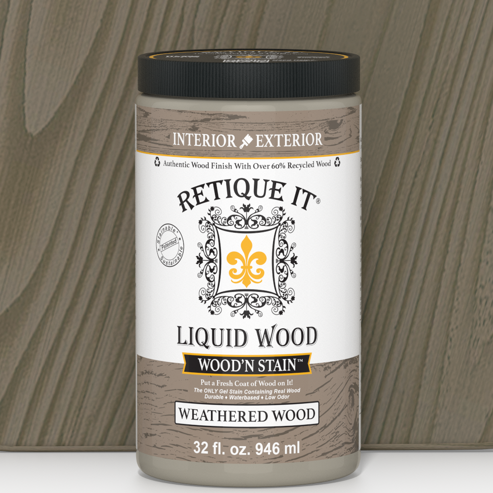 Retique It Liquid Wood Wood'n Stain in Weathered Wood, 32 oz bottle showing the weathered wood stain color and packaging.