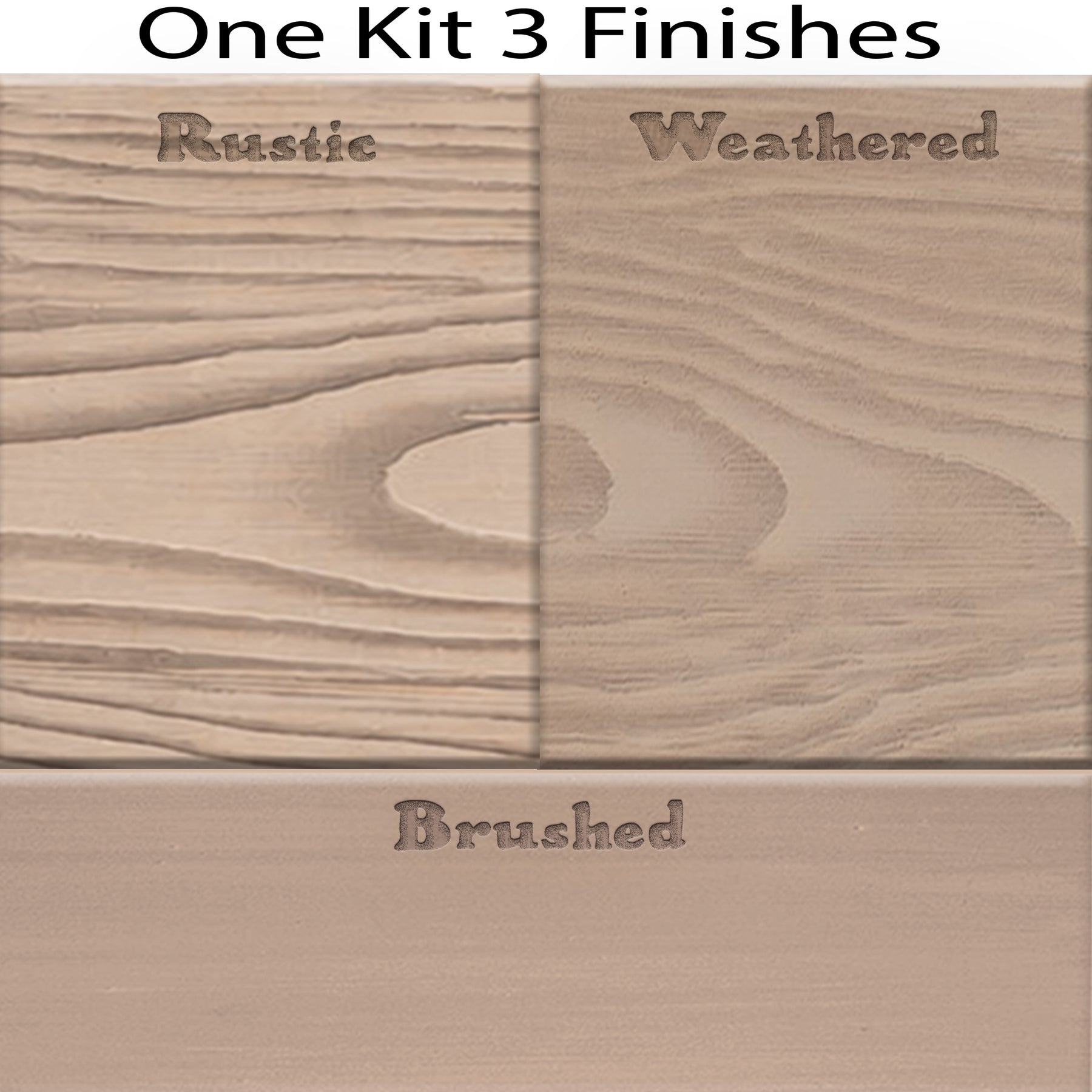 Swatch of Retique It Decking Wood'n Kit French Oak stain showing three different finish options on wood samples.