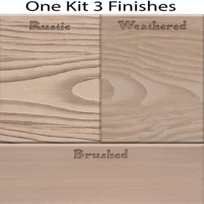 Swatch of Retique It Decking Wood'n Kit French Oak stain showing three different finish options on wood samples.