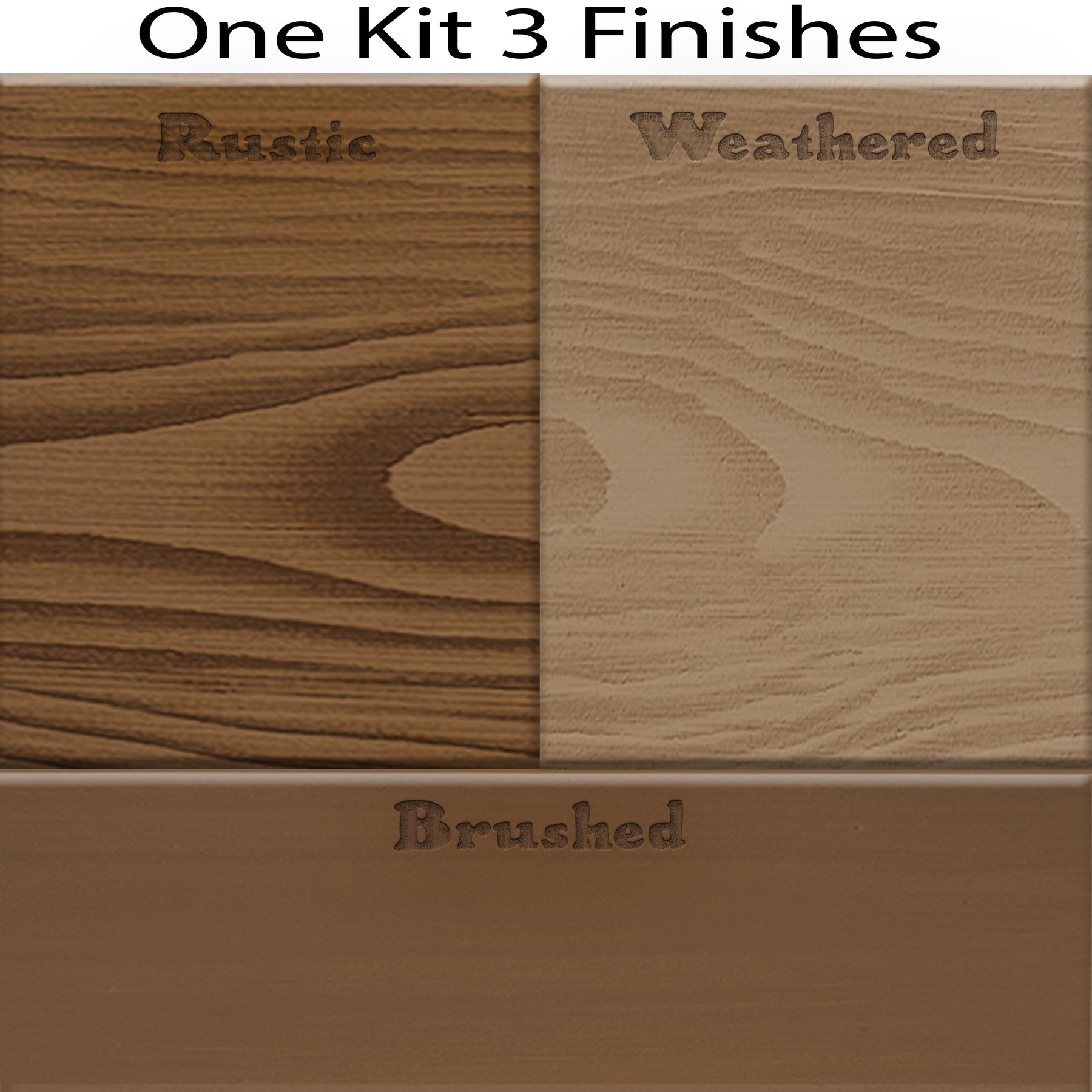 Swatch of Retique It® Wood'n Finish Kit in large Modern Walnut with three different wood finishing shades.