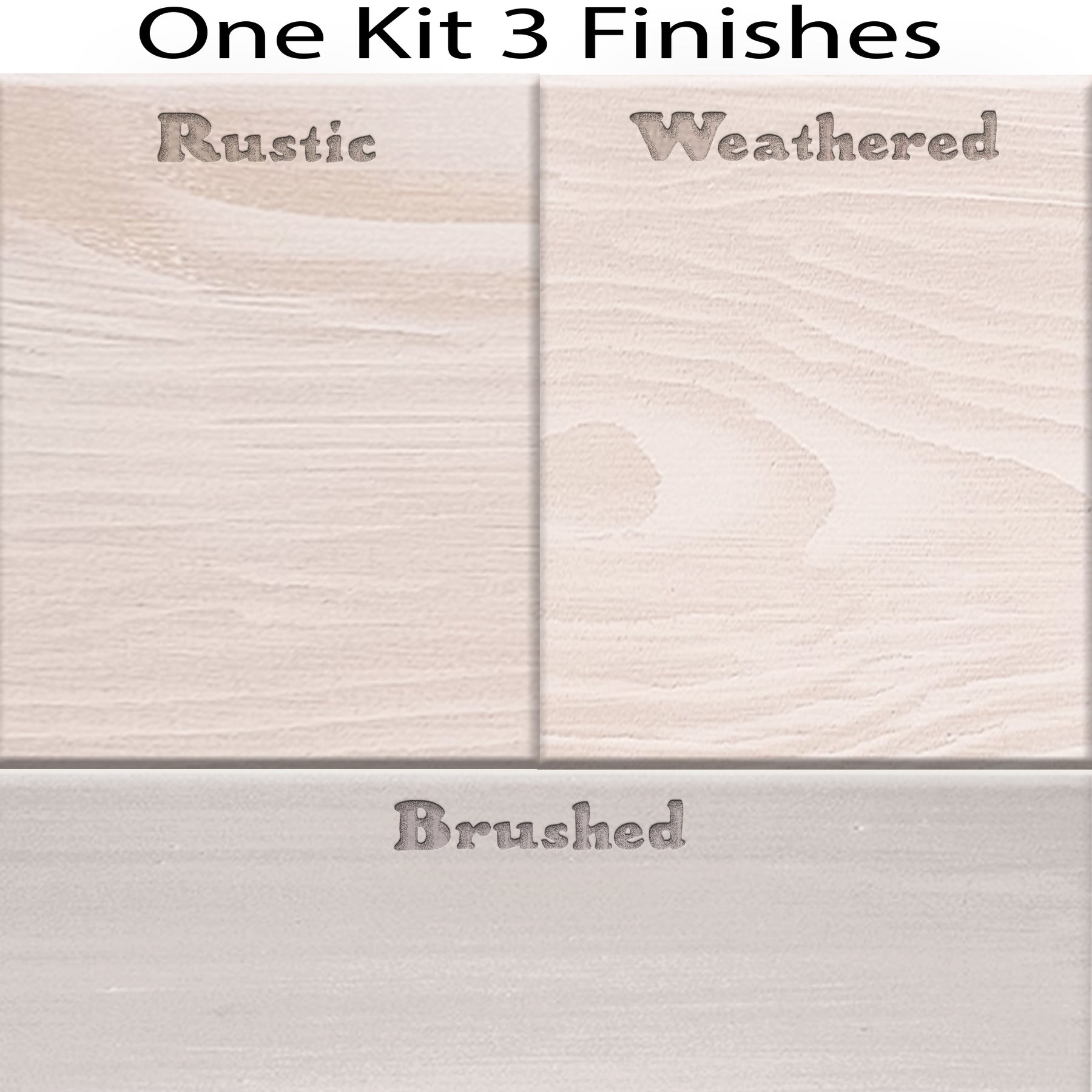 Retique It White Wash decking wood stain kit swatch showing three finish options on wood samples