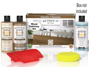 Retique It® Wood'n Finish Kit for tabletops, modern walnut stain, featuring wood finish application tools and sample wood surface.
