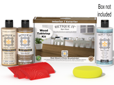 Retique It® Wood'n Finish Kit in Modern Walnut for tabletops, featuring stains and finishing supplies displayed with a wooden surface and box.