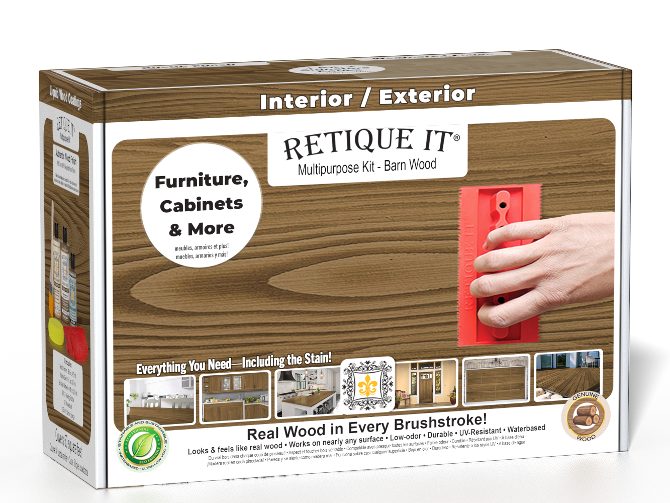 Retique It® Barn Wood Multipurpose Kit retail box featuring a Barn Wood wood finish, red graining tool demonstration, and furniture, cabinets & more project imagery.