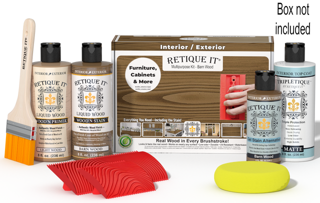 Retique It Wood'n Kit in Barn Wood finish with interior topcoat, includes brushes and application tools for wood finishing.