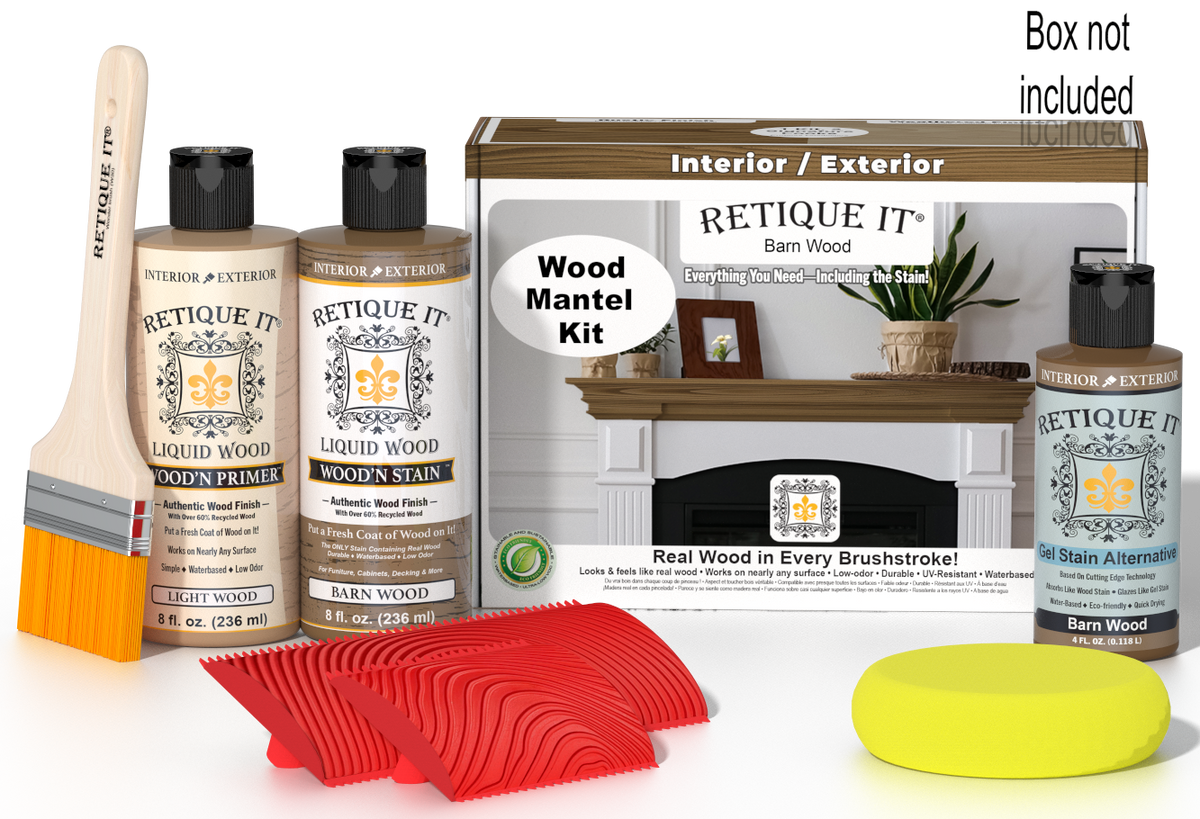Retique It Fireplace Mantel Wood'n Finish Kit in Barn Wood stain showing a finished wooden mantel with rustic barn wood appearance.