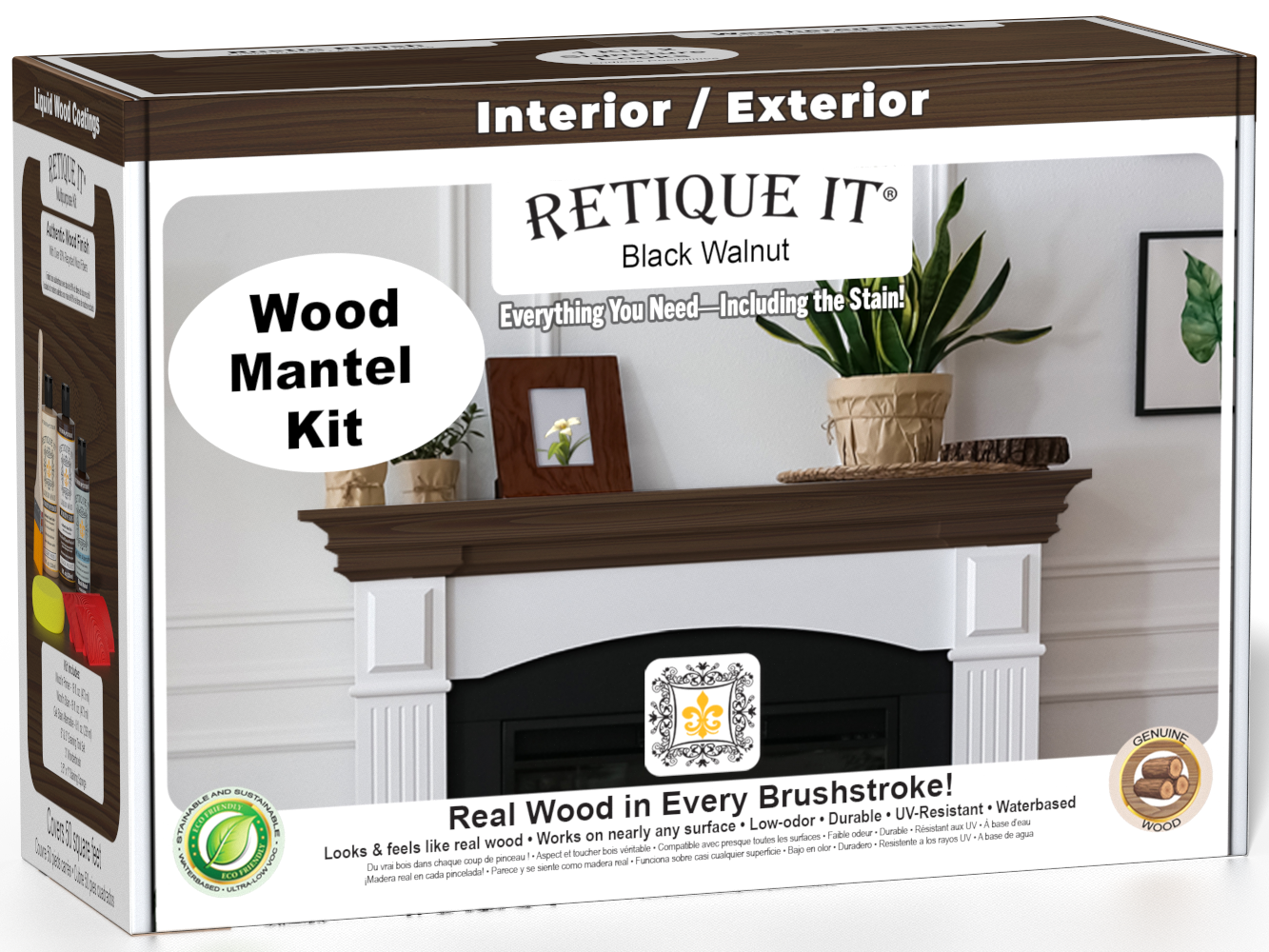 Retique It® Wood'n Finish Kit in Black Walnut stain, featuring a wooden box with stain bottles and application tools.