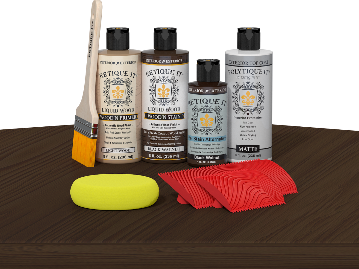 Black Walnut Wood'n Finish Kit by Retique It® with exterior top coat on table, showcasing multi-purpose wood finishing tools and supplies.