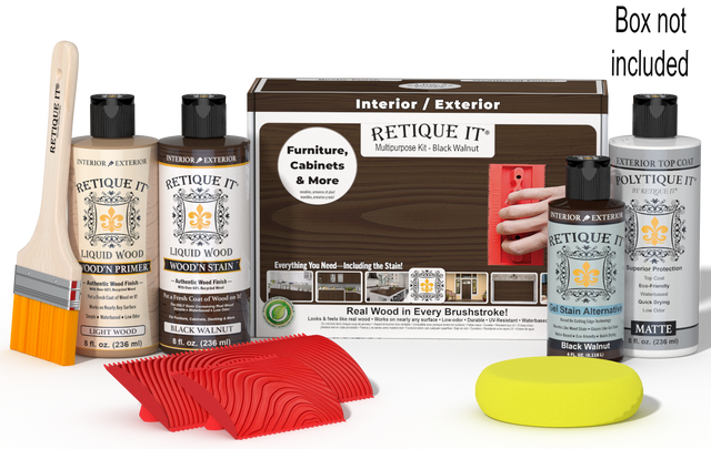 Retique It Wood'n Kit in black walnut with exterior top coat, includes finish kits and application tools, shown in box with components.