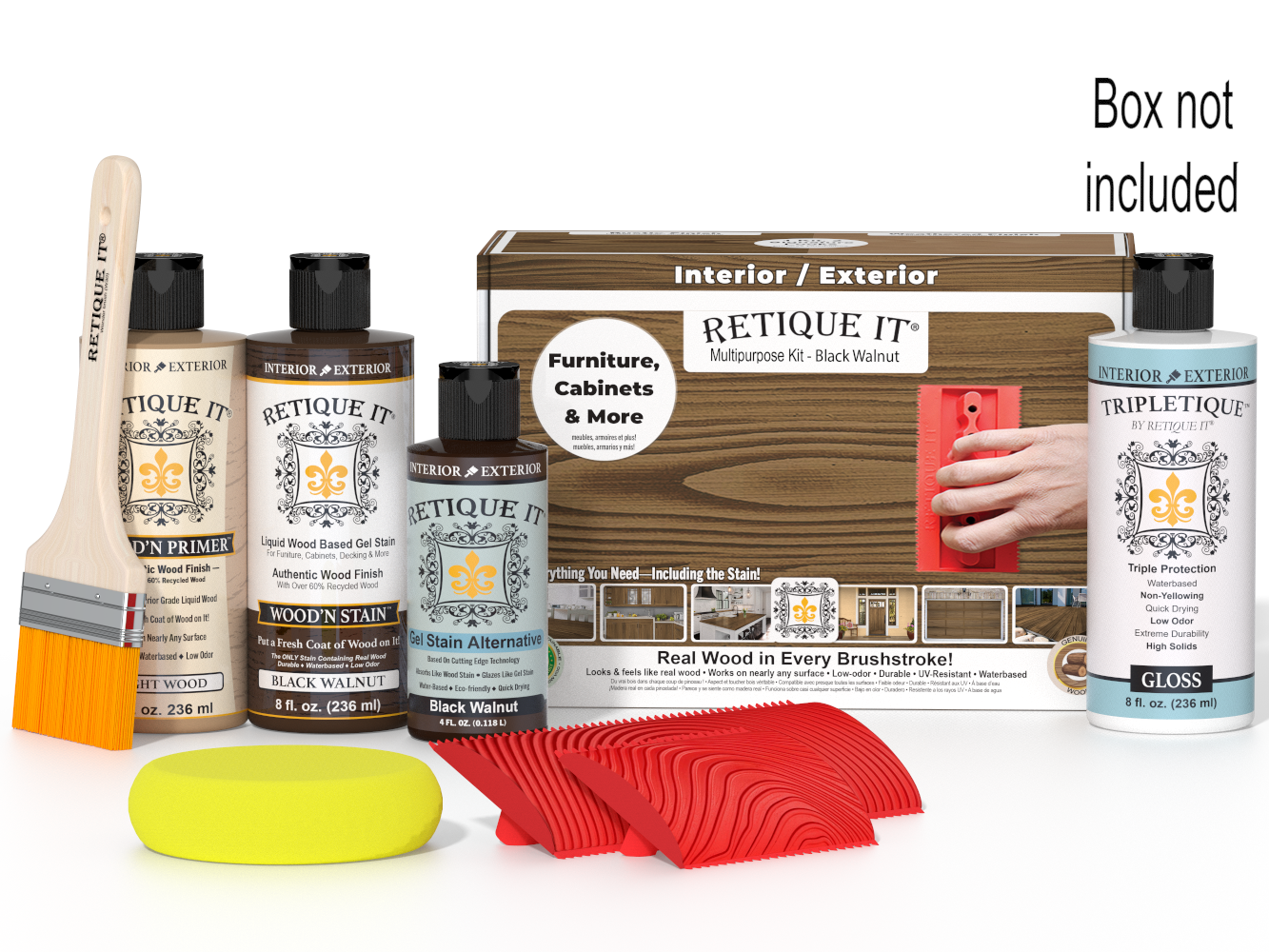 Retique It furniture care products including bottles, a brush, and a box on a white background.