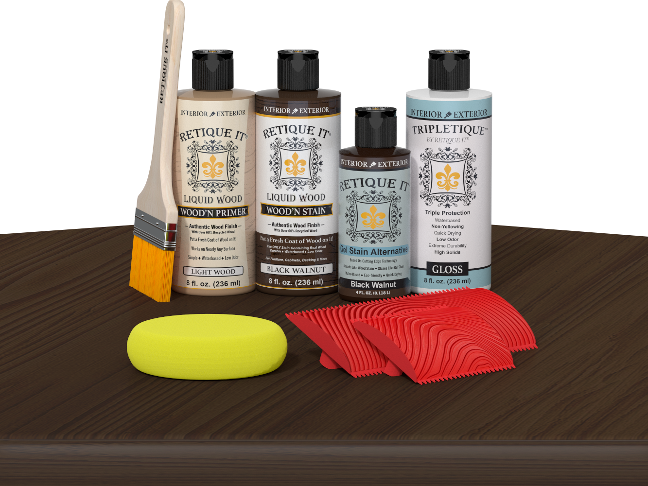 Black Walnut Wood'n Finish Kit for interior top coat by Retique It® with wood finishing tools and supplies on a table.
