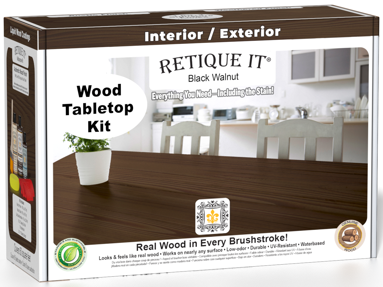 Retique It® Black Walnut Wood Tabletop Kit retail box featuring a Black Walnut tabletop finish and kitchen scene.
