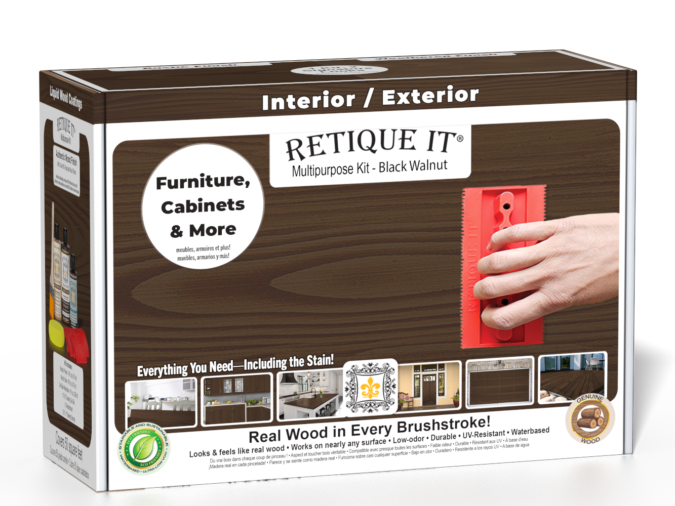 Retique It® Black Walnut Multipurpose Kit box featuring a black walnut finish, application tool, and project examples for furniture, cabinets, doors, decks, and more.