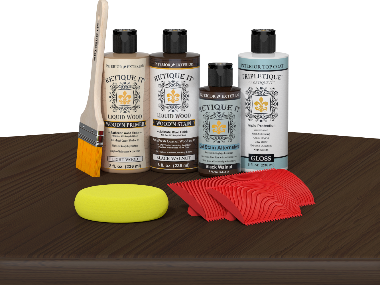 Retique It® Black Walnut Wood'n Kit with Light Wood primer, Black Walnut stain, Black Walnut gel stain alternative, Gloss Tripletique® Top Coat, brush, red graining tool, and yellow sponge.
