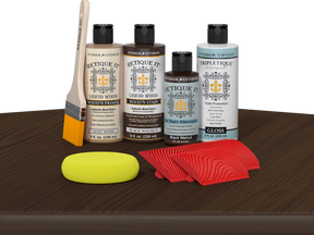 Retique It® Black Walnut Wood'n Kit with Light Wood primer, Black Walnut stain, Black Walnut gel stain alternative, Gloss Tripletique® Top Coat, brush, red graining tool, and yellow sponge.