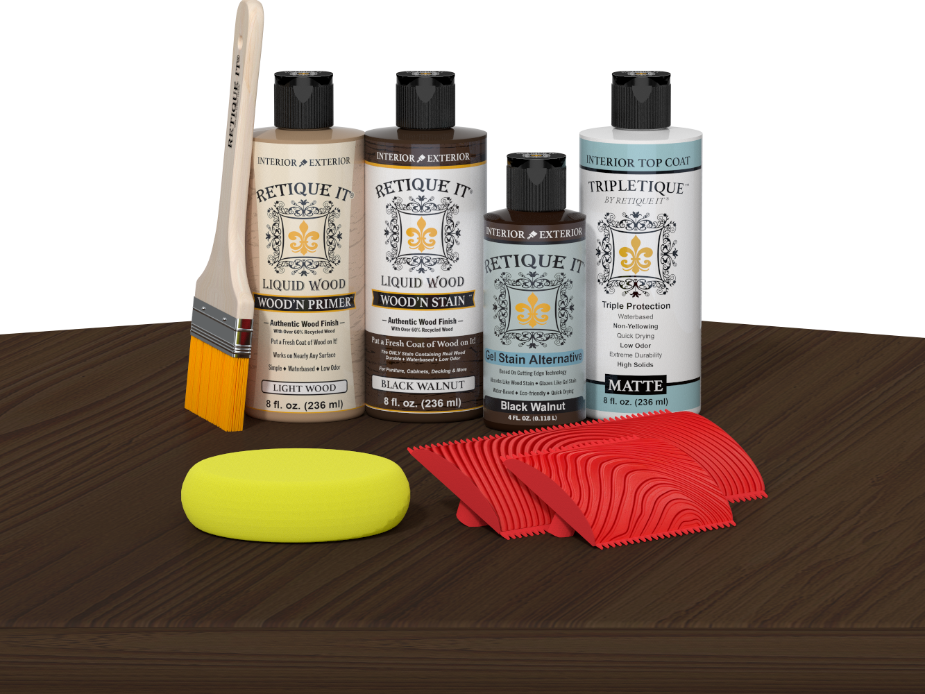 Retique It® Black Walnut Wood'n Kit with Light Wood primer, Black Walnut stain, Black Walnut gel stain alternative, Matte Tripletique® Top Coat, brush, red graining tool, and yellow sponge.