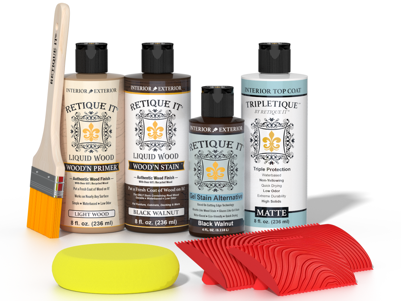Retique It® Black Walnut Wood'n Kit with Light Wood primer, Black Walnut stain, Black Walnut gel stain alternative, Matte Tripletique® Top Coat, brush, red graining tool, and yellow sponge.