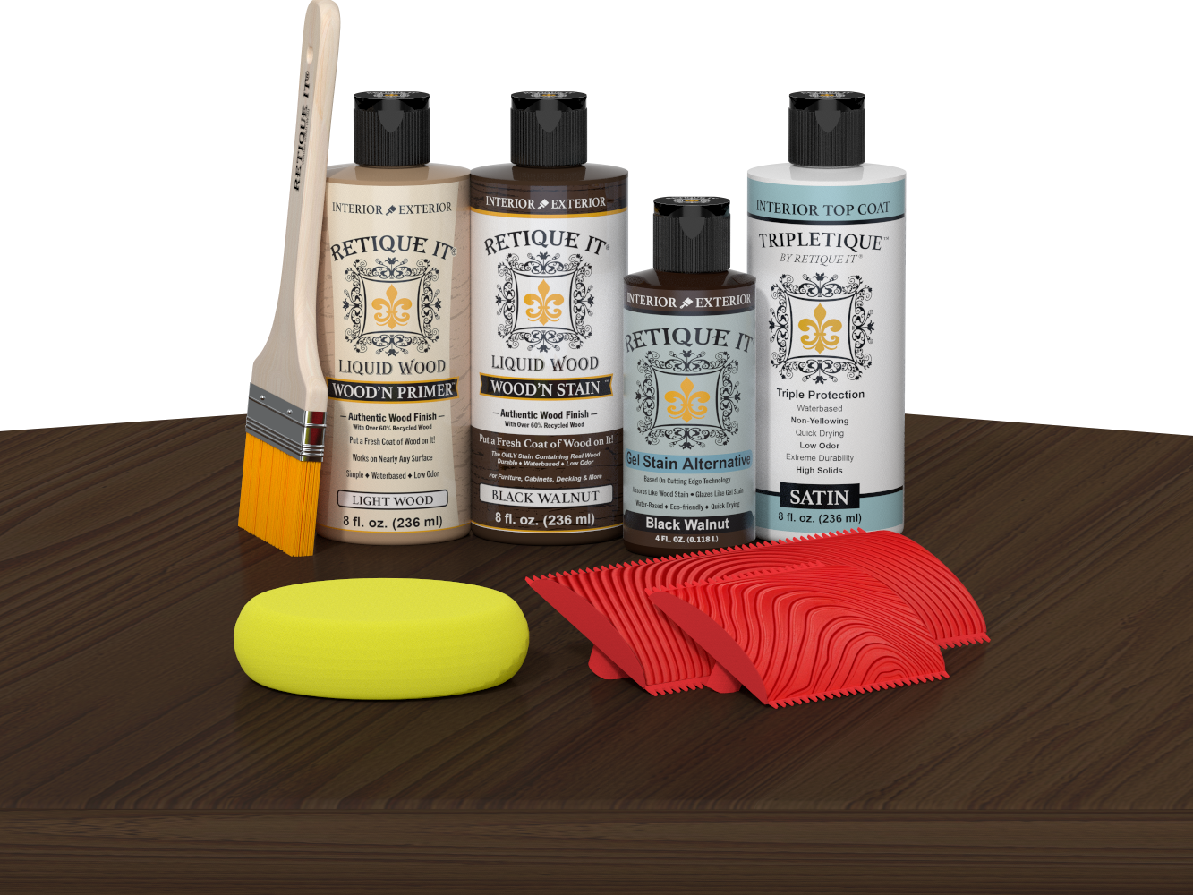 Retique It® Black Walnut Wood'n Kit with Satin TripleTique® includes a brush, Light Wood primer, Black Walnut stain, Black Walnut Gel Stain Alternative, Satin TripleTique® top coat, a yellow sponge, and a red graining tool.