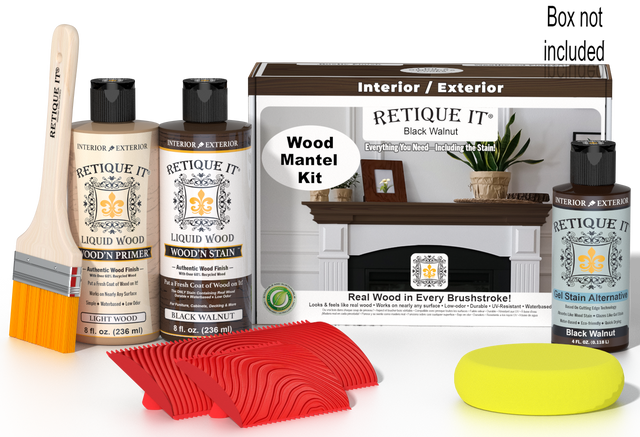 Retique It Wood'n Finish Kit in Black Walnut stain for fireplace mantels, showing stain bottles and wood sample in the image.