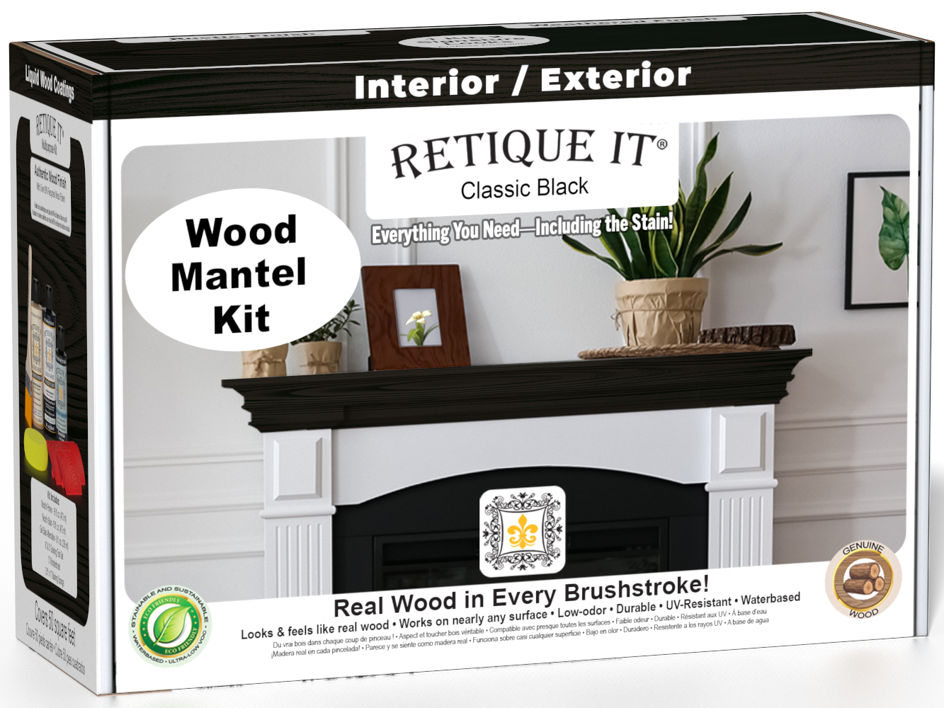 Retique It Fireplace Mantel Wood'n Finish Kit in classic black stain, with wood finish tools and accessories for mantel enhancement.
