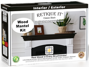 Retique It Fireplace Mantel Wood'n Finish Kit in classic black stain, with wood finish tools and accessories for mantel enhancement.