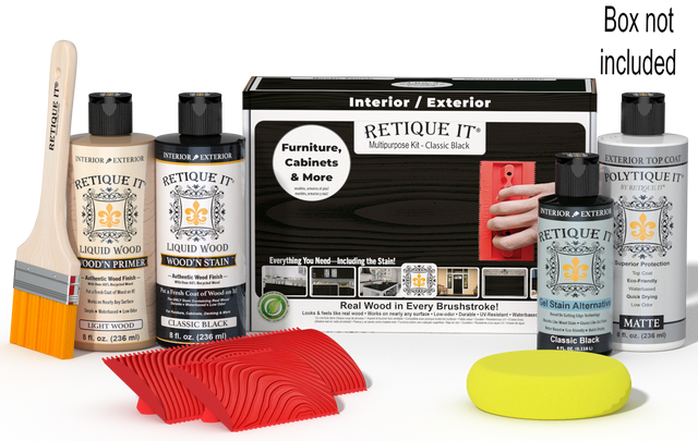 Retique It Wood'n Finish Kit in Classic Black with exterior top coat, includes wood finishing supplies and tools, packaged in a box.