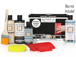 Retique It furniture care kit with bottles, a brush, and a box on a white background