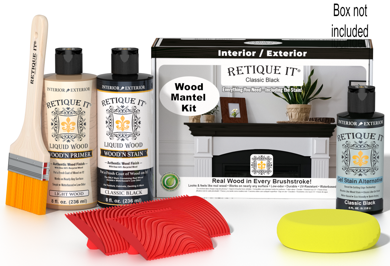 Retique It Fireplace Mantel Wood'n Finish Kit in Classic Black, stain set with applicator brush and instructions for wood finishing.