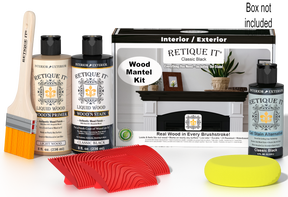 Retique It Fireplace Mantel Wood'n Finish Kit in Classic Black, stain set with applicator brush and instructions for wood finishing.