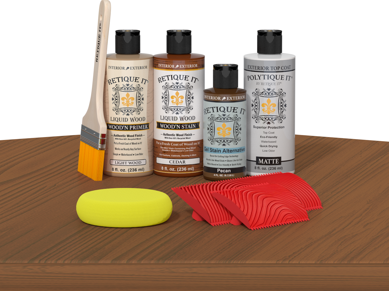 Multi-purpose Cedar Wood'n Finish Kit by Retique It® with exterior top coat on a table, showing kit components and cedar wood samples.