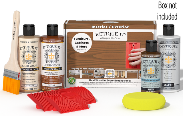 Retique It Wood'n Kit Cedar exterior top coat with wood finish products shown in a box, ideal for multi-purpose wood finishing projects.