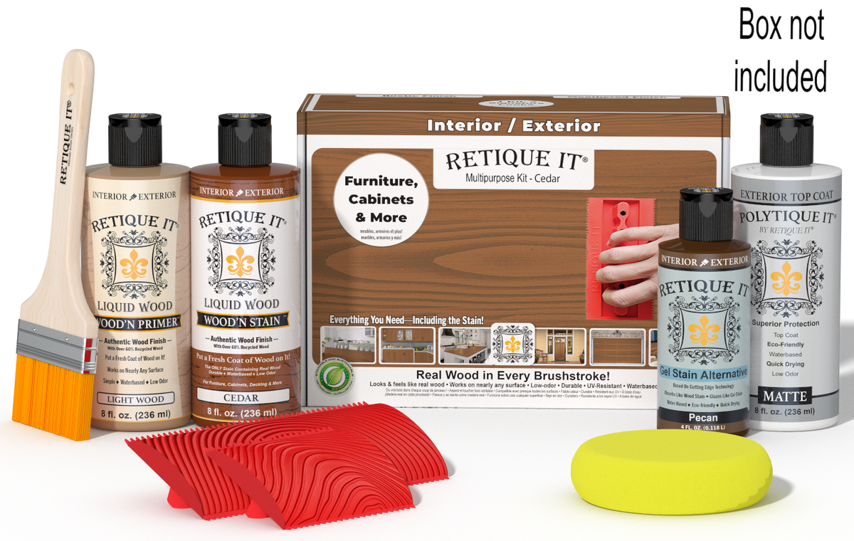 Retique It® Wood'n Finish Kit in cedar for exterior top coat, includes brushes and wood treatment products in a compact box.