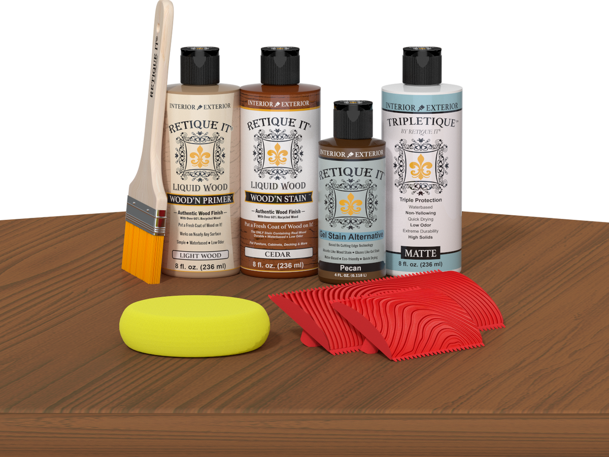 Retique It® Wood'n Finish Kit in Cedar stain displayed on a tabletop, showcasing natural wood finish and stain application.