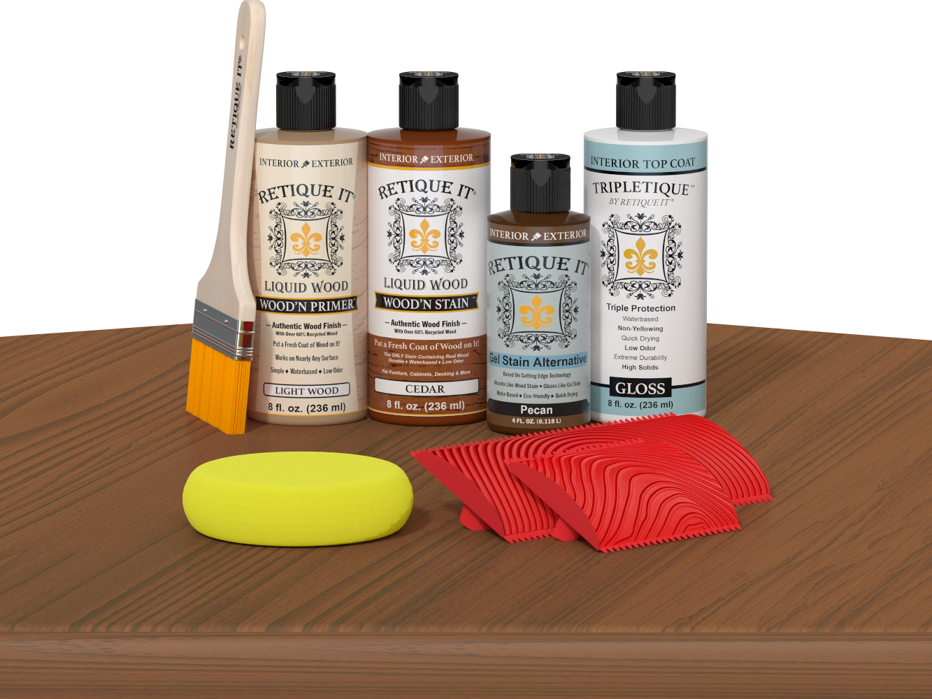 Retique It® Cedar Wood'n Kit with Gloss TripleTique® includes a brush, Light Wood primer, Cedar stain, Pecan Gel Stain Alternative, Gloss TripleTique® top coat, a yellow sponge, and a red graining tool.