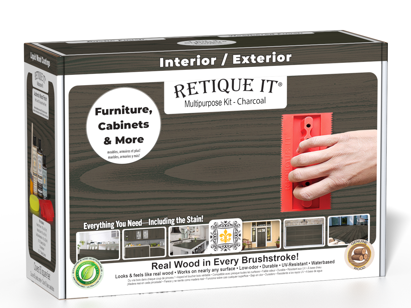 Retique It® Wood'n Finish Kit in Charcoal for exterior wood projects, includes top coat and application tools.