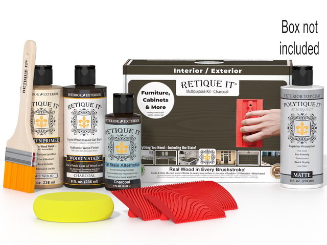 Retique It Wood'n Finish Kit in charcoal for exterior wood surfaces, featuring multiple components in a box for top coating.