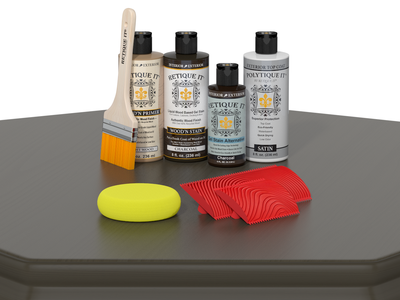 Retique It® Wood'n Finish Kit in charcoal for exterior wood projects, shown with a wooden table top coated with the product.