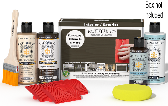 Retique It Wood'n Finish Kit in charcoal for interior wood projects, includes top coat and application tools in a box.