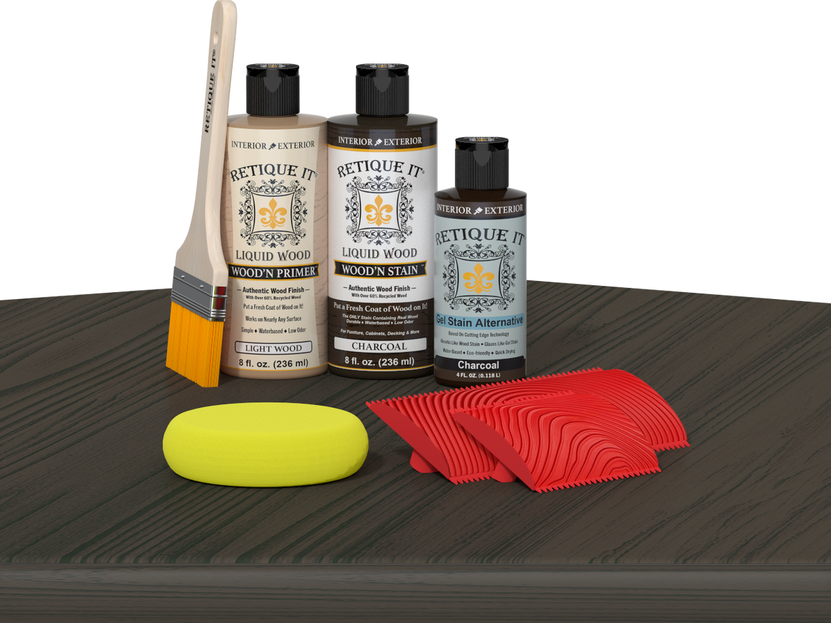 Retique It® Wood'n Kit Charcoal finish showing a multi-purpose wood finishing kit on a table.