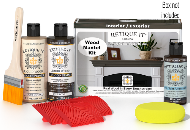 Retique It Wood'n Finish Kit in Charcoal for fireplace mantels, featuring stain bottles and application tools.