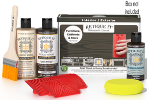 Retique It® Wood'n Kit in charcoal finish, multi-purpose wood finishing kit with brushes and tools in a box.