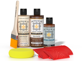 Retique It Vintage Cherry wood finish kit for fireplace mantels, showing stained wood with rich cherry tone and smooth finish.