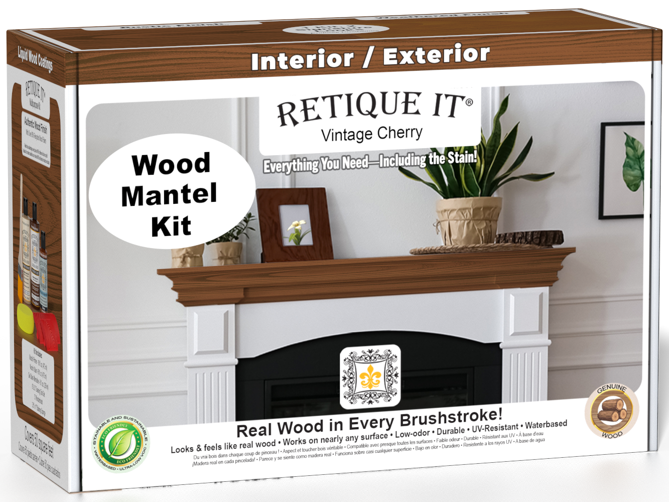 Retique It Fireplace Mantel Wood'n Finish Kit in Vintage Cherry stain, showing the wood finish and stain application on a mantel.