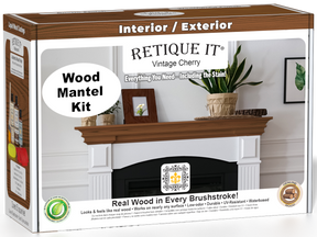 Retique It Fireplace Mantel Wood'n Finish Kit in Vintage Cherry stain, showing the wood finish and stain application on a mantel.
