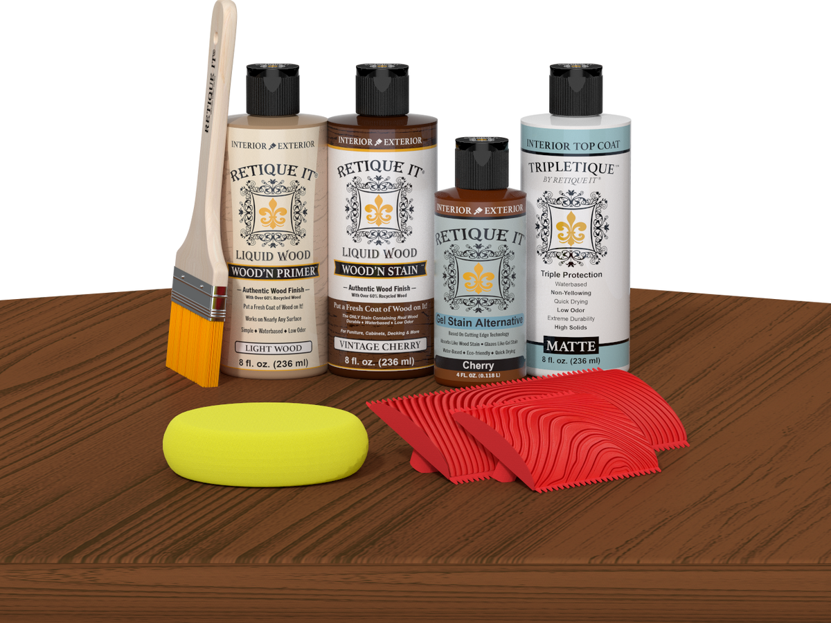 Retique It® Cherry Wood'n Kit with Matte TripleTique® includes a brush, Light Wood primer, Vintage Cherry stain, Cherry Gel Stain Alternative, Matte TripleTique® top coat, a yellow sponge, and a red graining tool.