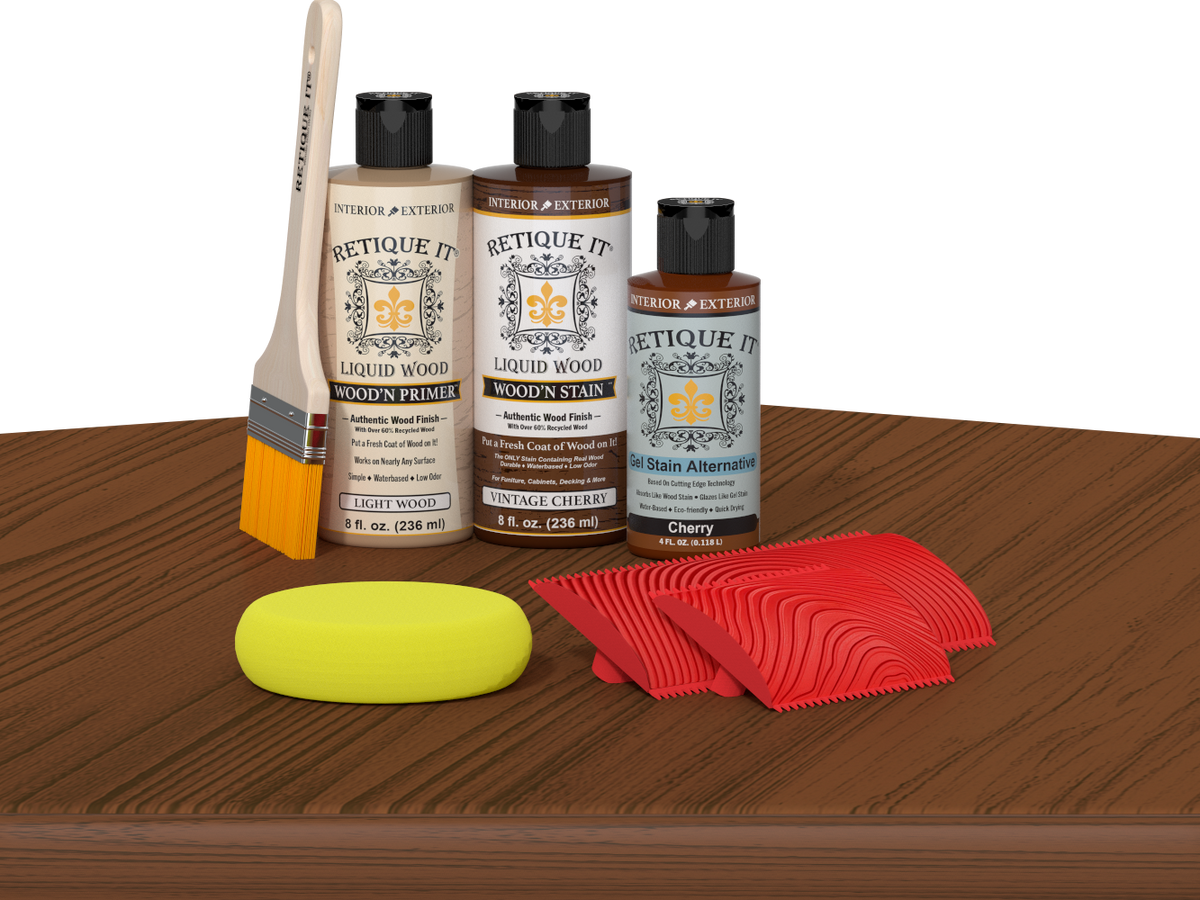 Retique It Vintage Cherry wood stain kit for fireplace mantel, showcasing the rich cherry finish on wood surface.